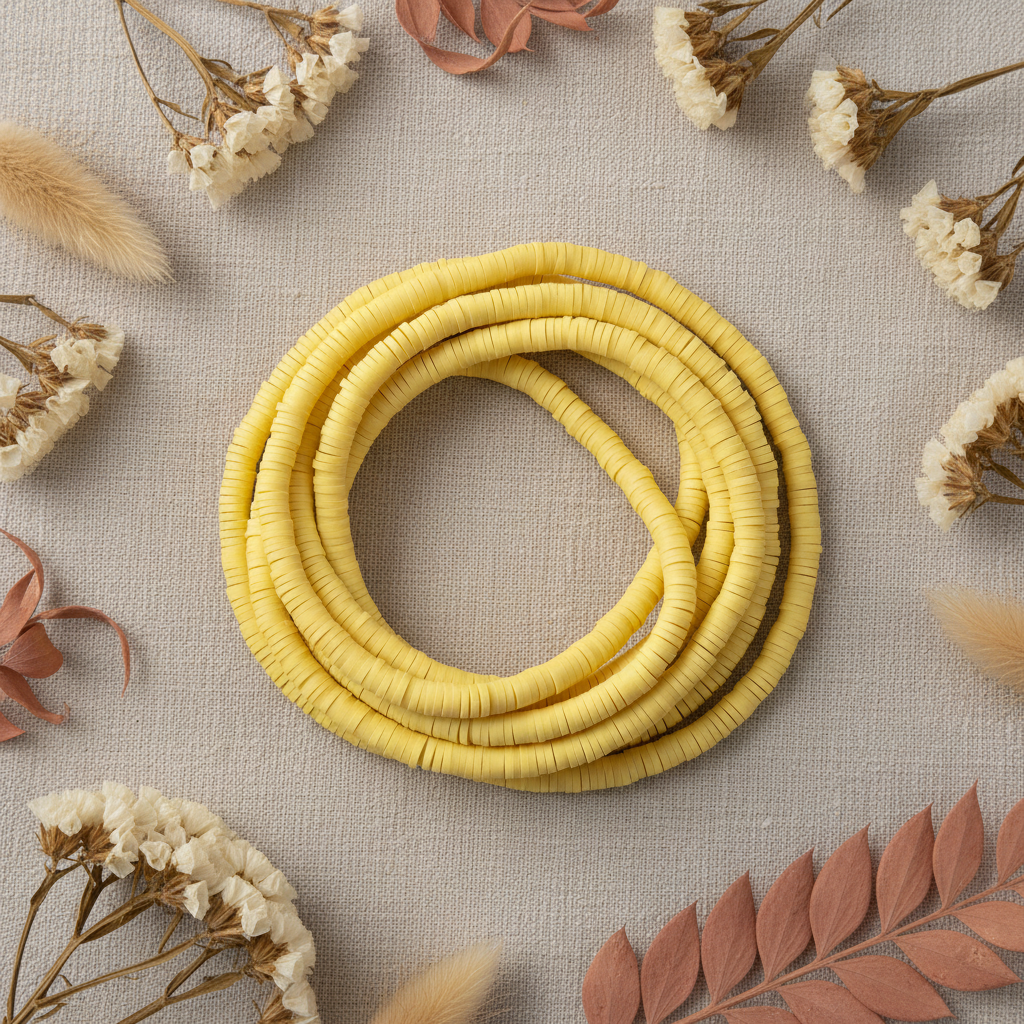 A coiled pile of golden orange polymer clay disc beads laid in a circle on a light beige textured fabric background, surrounded by dried white flowers and muted brown botanical accents.l