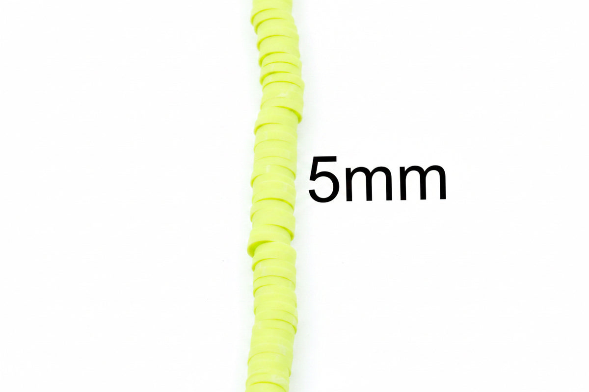 A close-up of a single strand of green polymer clay disc beads, with the text '5mm' indicating size beside it on a plain white background