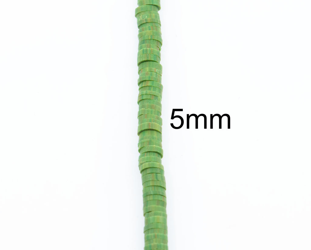 A single strand of green polymer clay disc beads shown against a plain white background with the text '5mm' overlaid to indicate size.