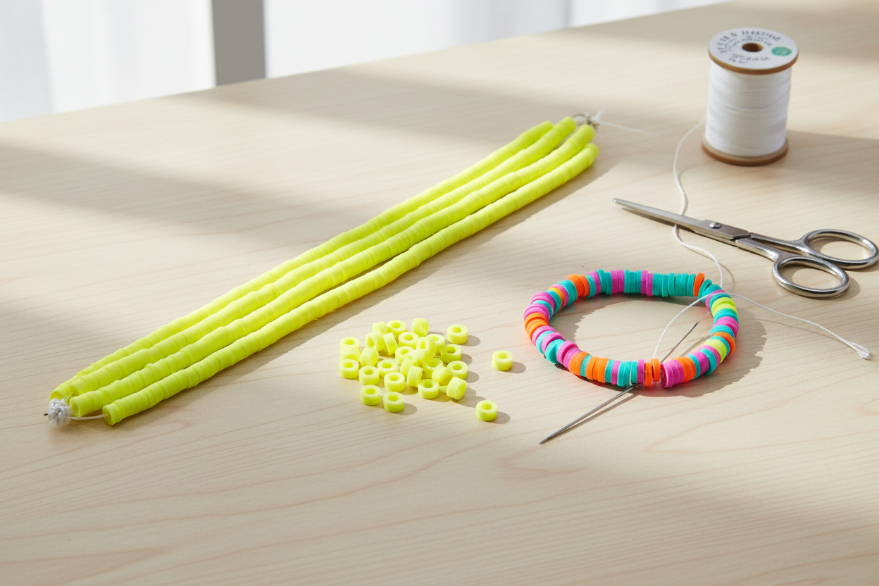 Crafting supplies on a light wood table, including neon yellow polymer clay disc bead strands, small yellow beads, a colorful beaded bracelet, scissors, thread, and a needle.