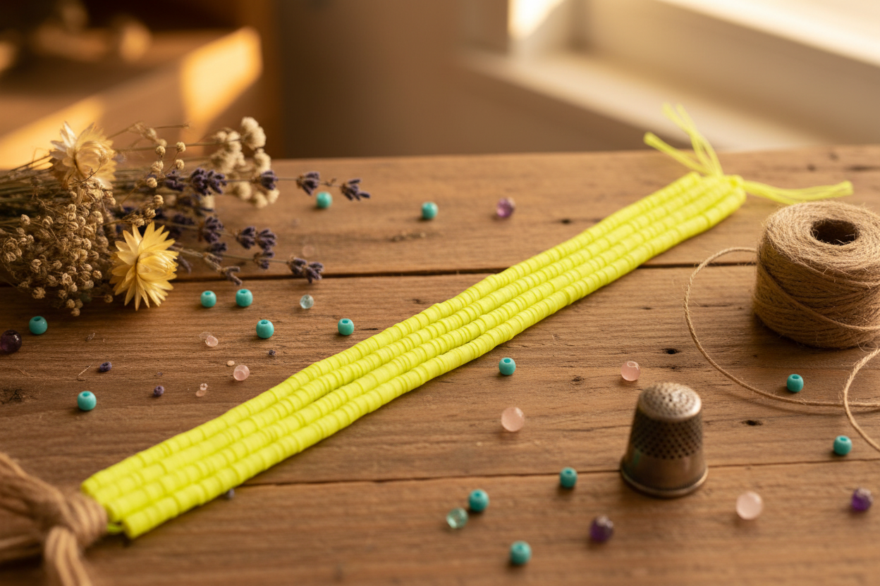 A bright neon yellow beaded bracelet laid diagonally across a rustic wooden table, surrounded by craft supplies including a spool of twine, a metal thimble, scattered beads, and dried flowers.