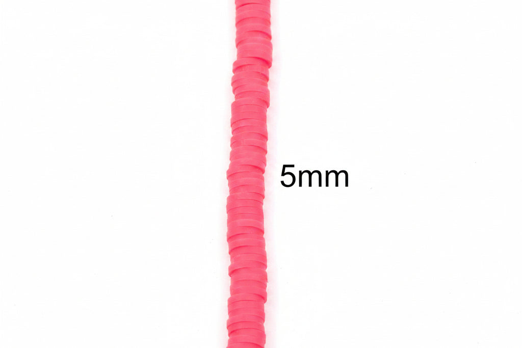 A close-up of a single strand of bright pink polymer clay disc beads, shown vertically on a white background with '5mm' text overlay to indicate size
