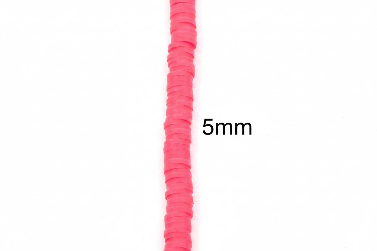 A close-up of a single strand of bright pink polymer clay disc beads, shown vertically on a white background with '5mm' text overlay to indicate size