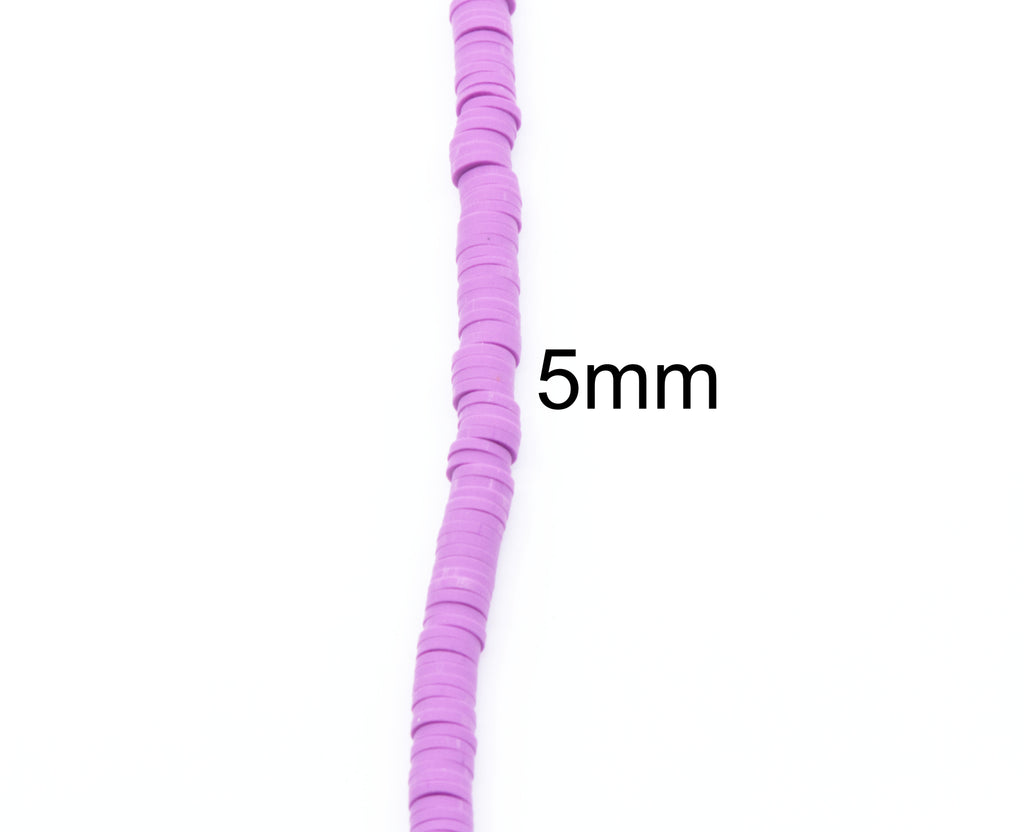 A single strand of lavender-purple polymer clay disc beads, each approximately 5mm in length, shown vertically on a plain white background with '5mm' text overlaid.