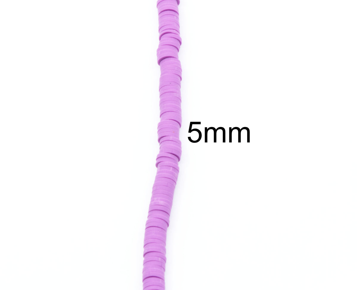 A single strand of lavender-purple polymer clay disc beads, each approximately 5mm in length, shown vertically on a plain white background with '5mm' text overlaid.