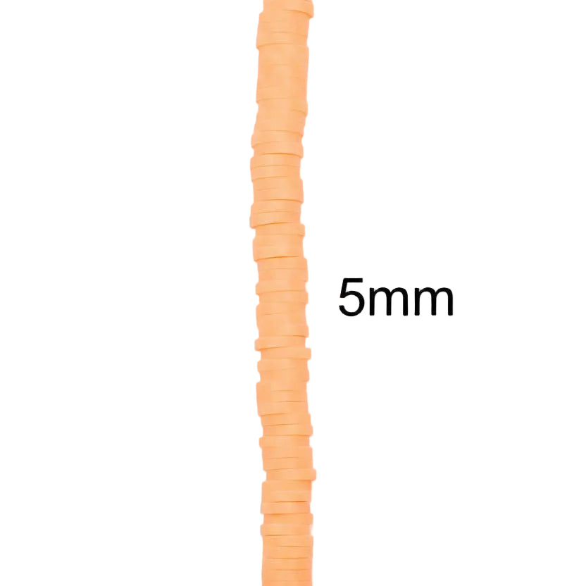 A close-up vertical strand of a single strand of orange polymer clay disc beads, shown on a plain white background with the text '5mm' indicating the size