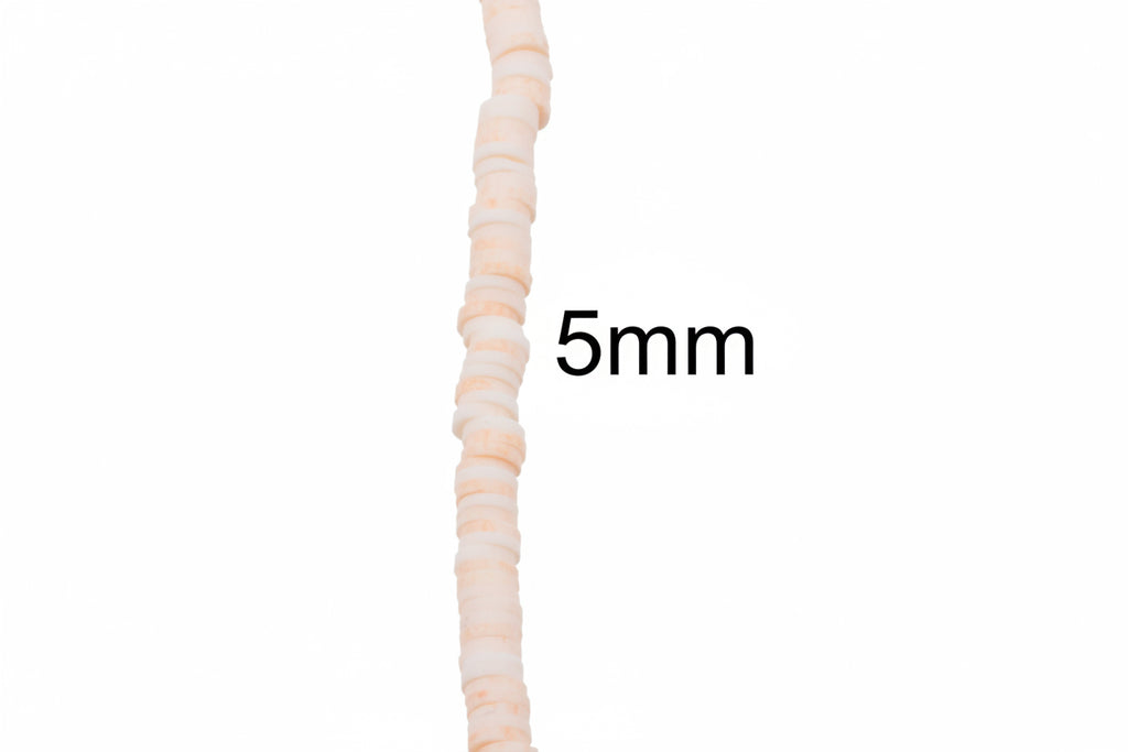 A close-up vertical view of a single strand of light peach colored polymer clay disc beads with the text '5mm' printed beside it to indicate size on a plain white background.
