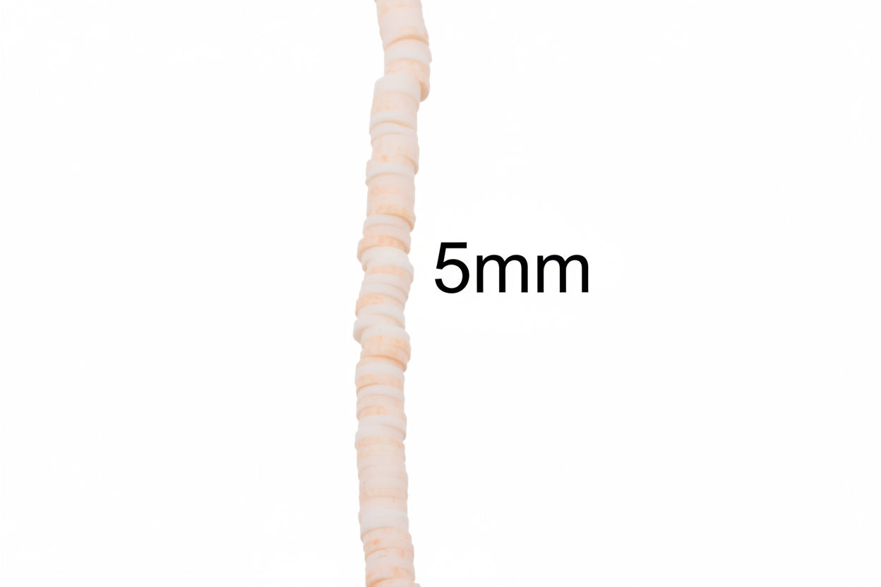 A close-up vertical view of a single strand of light peach colored polymer clay disc beads with the text '5mm' printed beside it to indicate size on a plain white background.