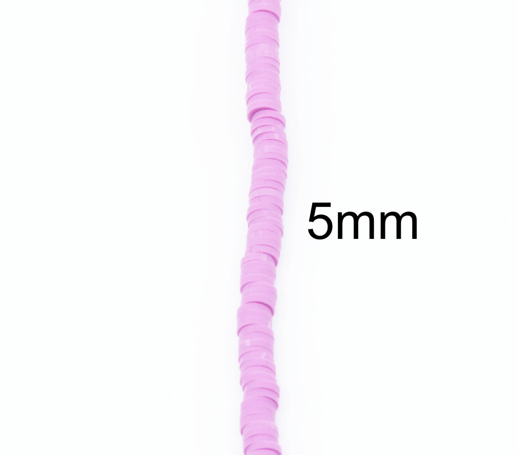A single strand of purple polymer clay disc beads shown vertically on a white background, with the text '5mm' printed beside it to indicate the bead size.