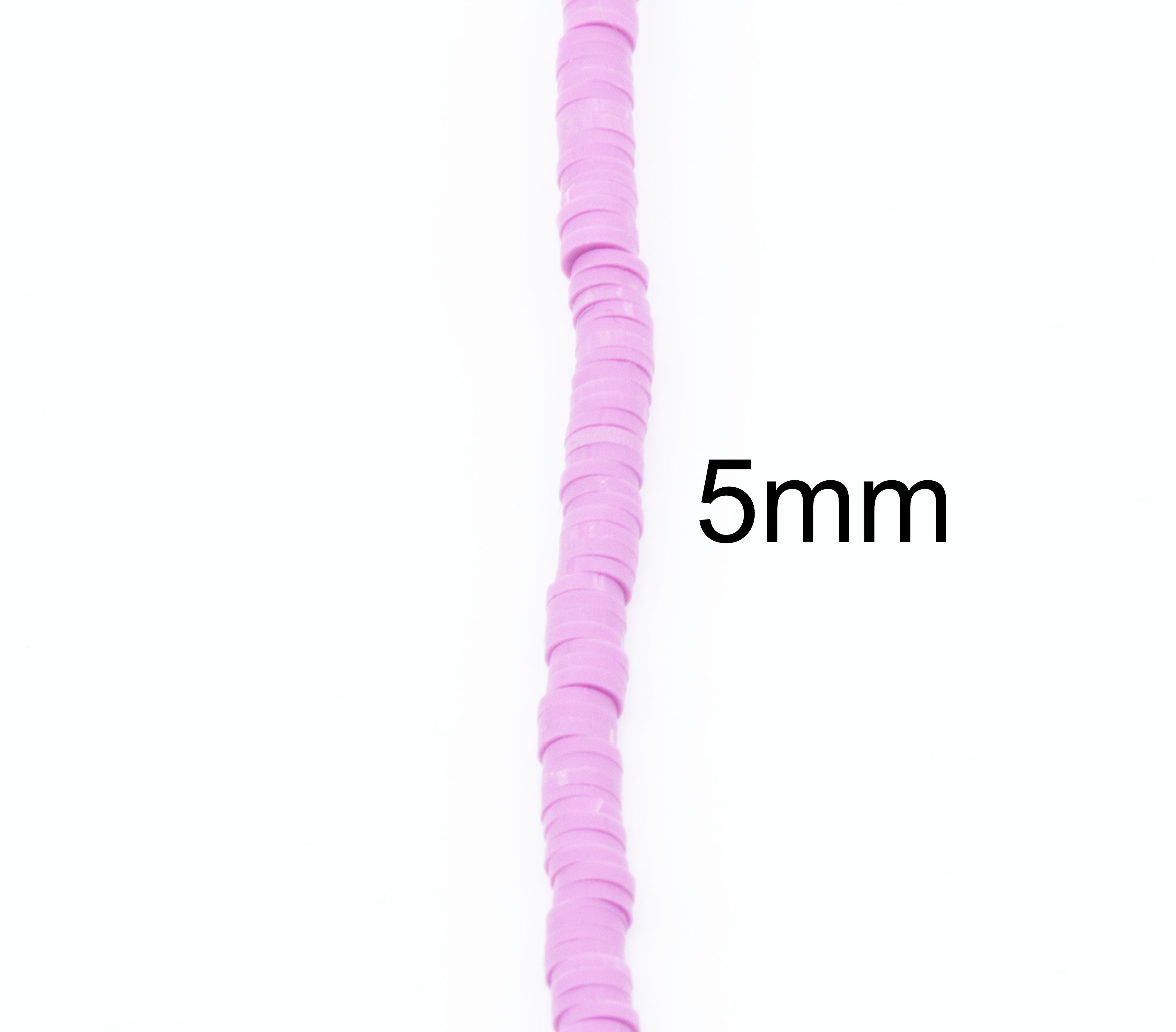A single strand of purple polymer clay disc beads shown vertically on a white background, with the text '5mm' printed beside it to indicate the bead size.