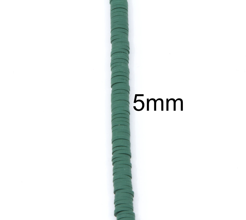 A single strand of small dark green polymer clay disc bead shown vertically on a white background with a '5mm' size label.