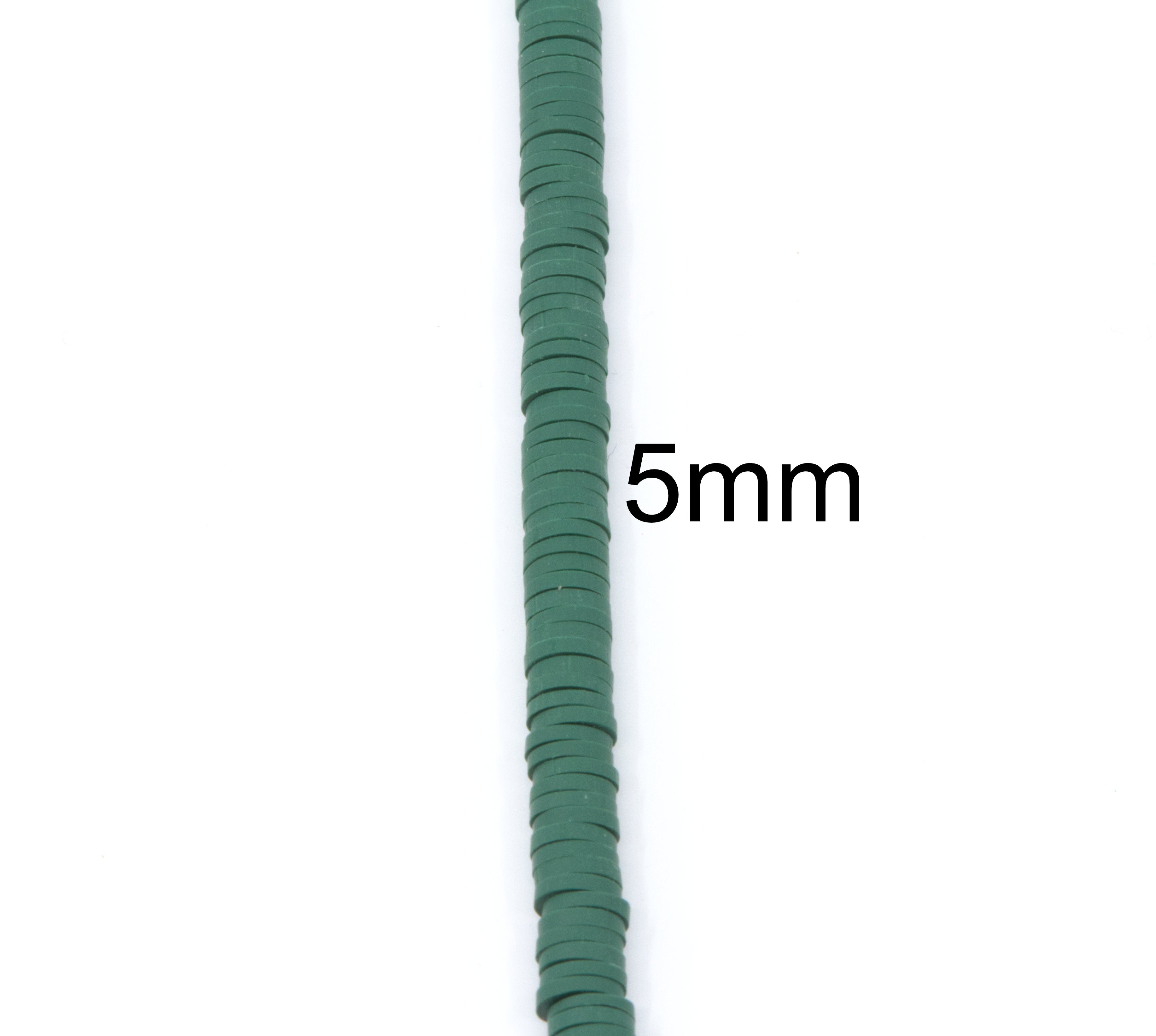 A single strand of small dark green polymer clay disc bead shown vertically on a white background with a '5mm' size label.