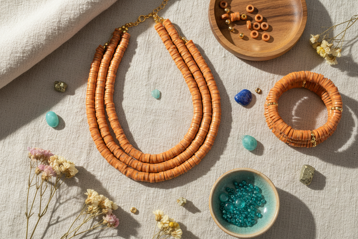 Orang Speckled polymer clay beads shown in a necklace and bracelet design on a textured background.