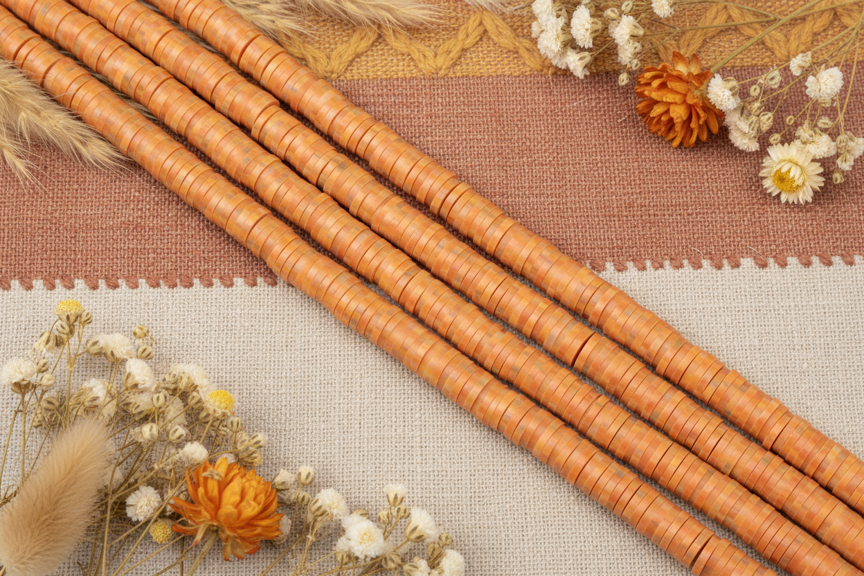 four strands of orange speckled polymer clay beads on a rustic linen fabric background. 