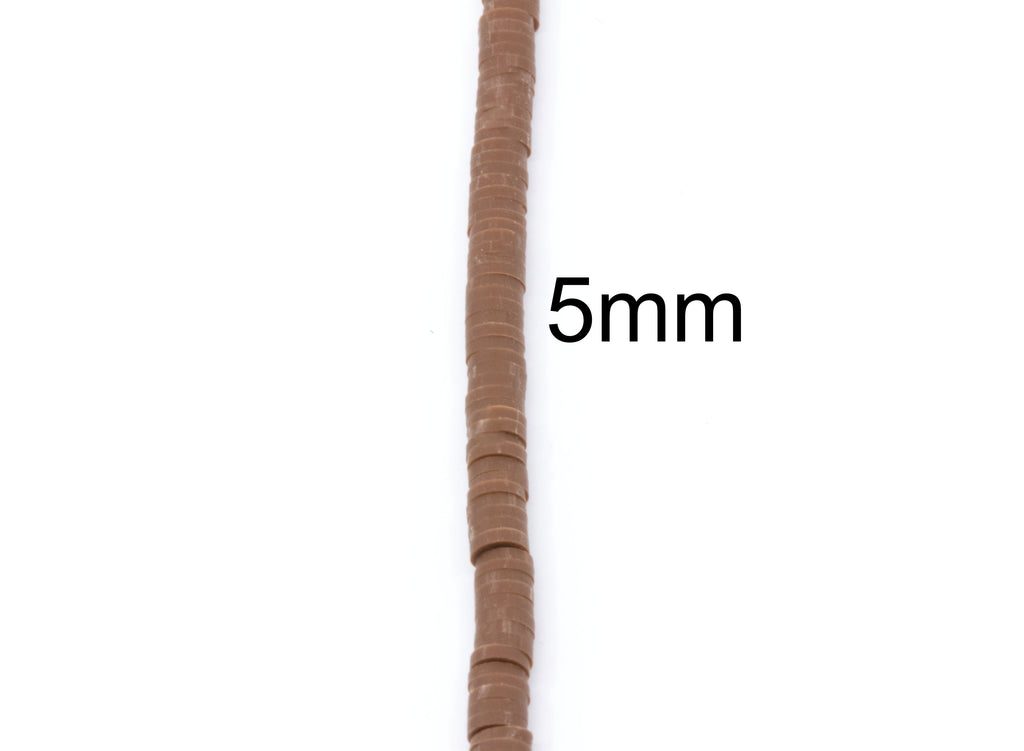 A close-up of a single strand of brown polymer clay disc beads shown vertically on a white background, with the text '5mm' printed beside it to indicate size