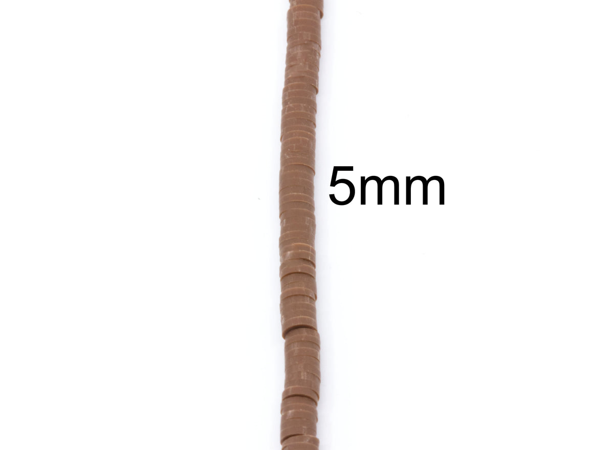 A close-up of a single strand of brown polymer clay disc beads shown vertically on a white background, with the text '5mm' printed beside it to indicate size