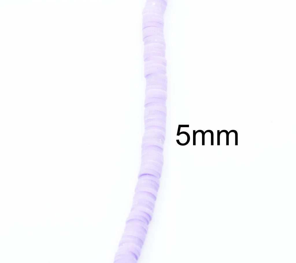 A close-up of a single strand of light purple polymer clay disc beads, with a black text overlay indicating '5mm' bead size, on a solid white background.