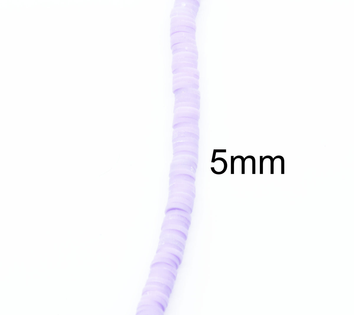 A close-up of a single strand of light purple polymer clay disc beads, with a black text overlay indicating '5mm' bead size, on a solid white background.