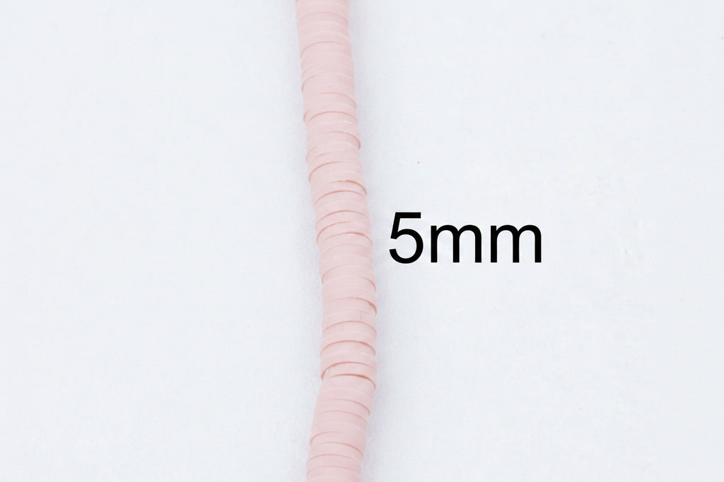 A close-up of a single strand of  pink polymer clay beads placed vertically on a white background, with the text '5mm' overlaid to indicate size.