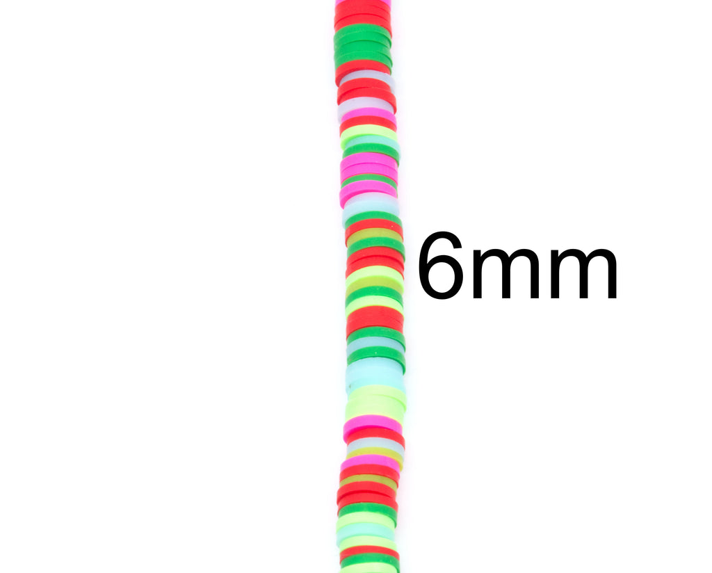 A single strand of green and pink polymer clay disc beads displayed vertically, with the text '6mm' printed beside them on a plain white background.