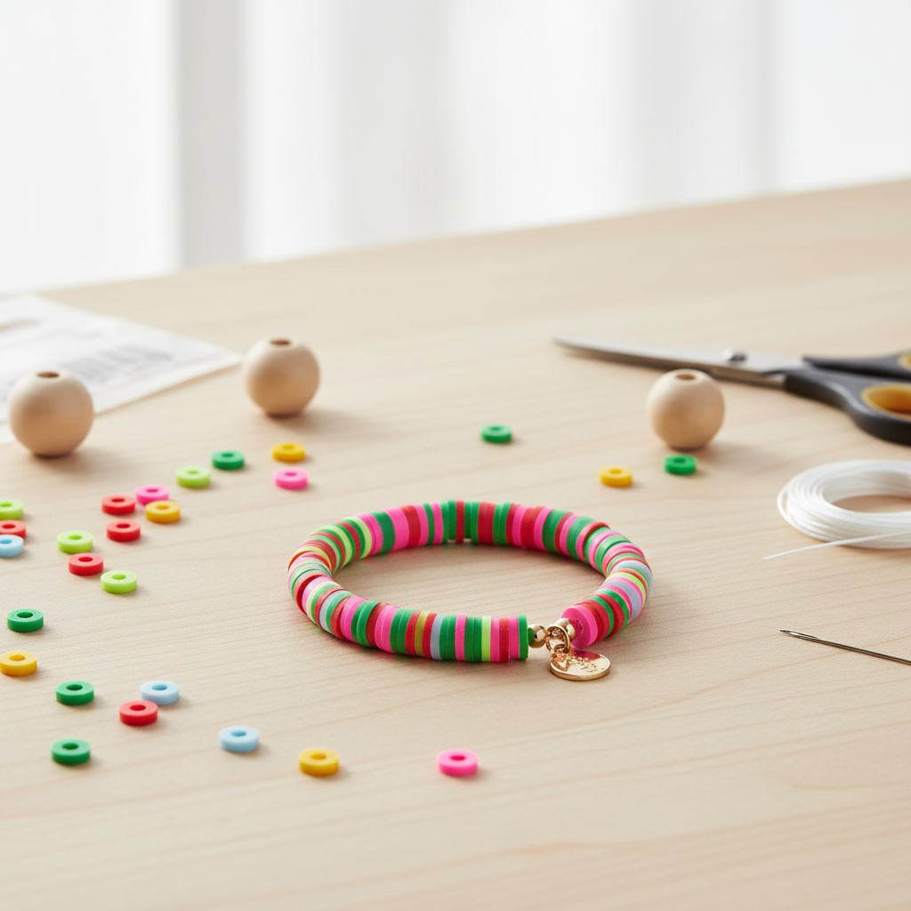 A handmade beaded bracelet with pink and green polymer clay beads and a small gold charm, displayed on a light wood table with craft supplies.