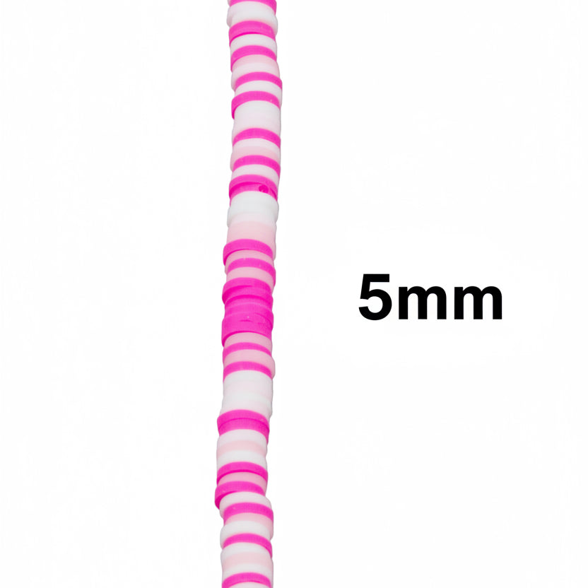 A single strand of pink and white polymer clay disc beads, shown vertically on a plain white background with a '5mm' size marker.