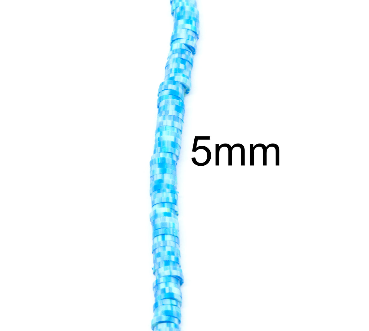 A single strand of blue polymer clay disc beads  shown vertically on a white background, with the text '5mm' printed beside it to indicate bead size.