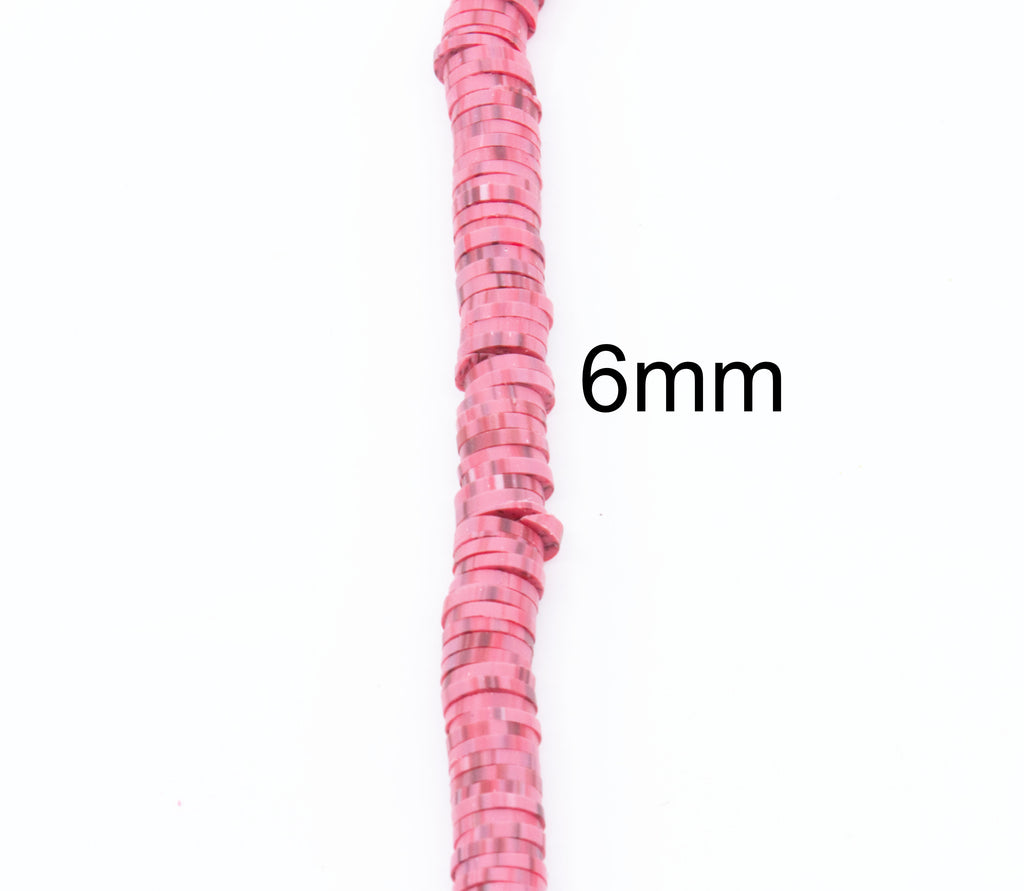 A single strand of red polymer clay disc beads shown vertically on a white background with a '6mm' size label.