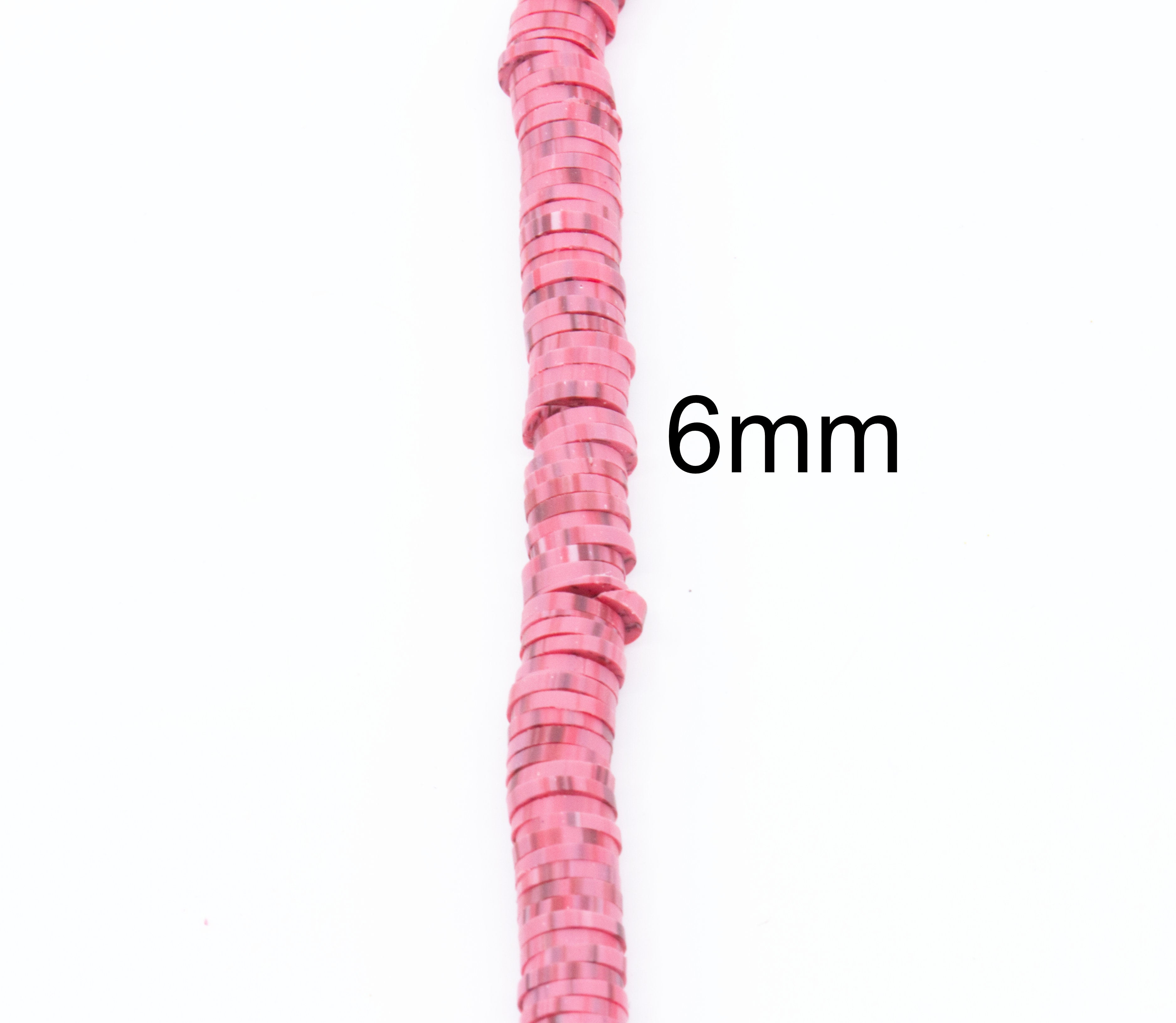 A single strand of red polymer clay disc beads shown vertically on a white background with a '6mm' size label.