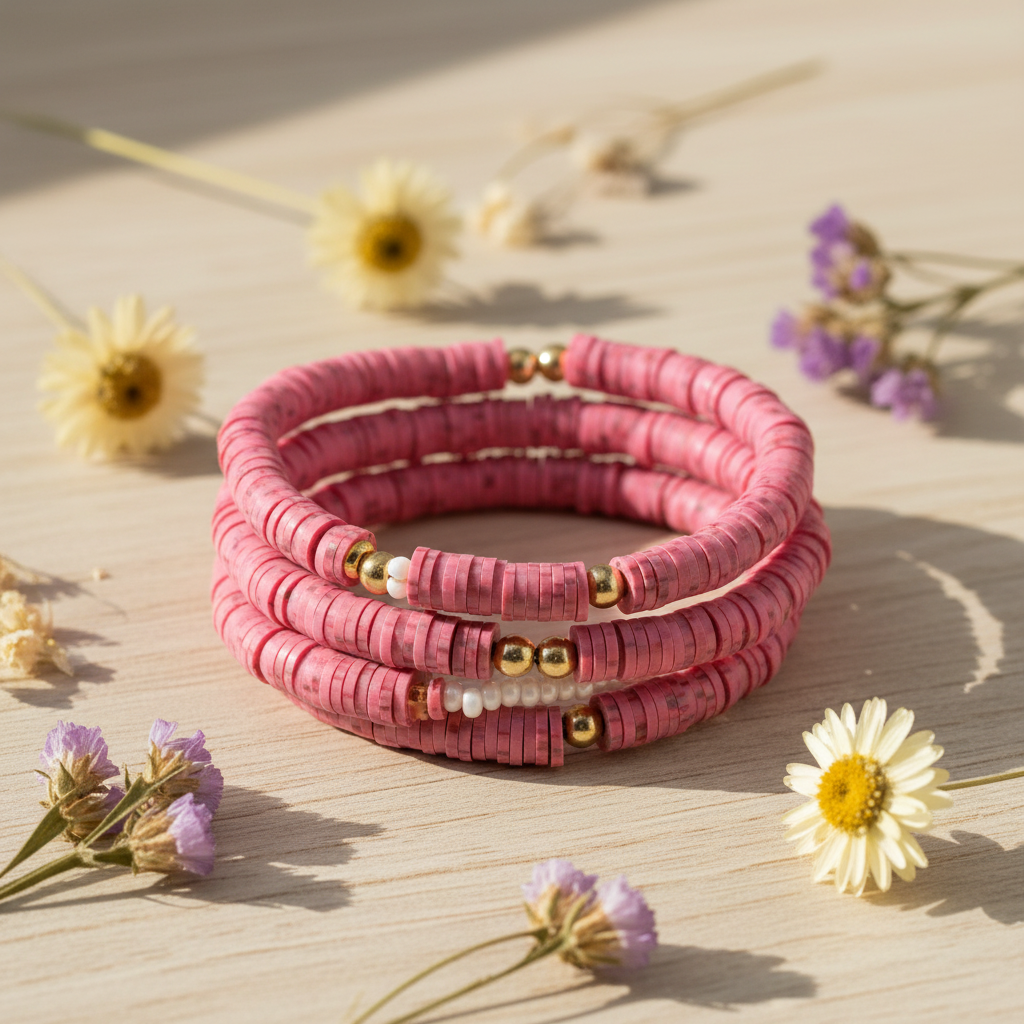 A stack of three red beaded bracelets with small gold and white accent beads, styled on a light wooden surface with dried flowers.