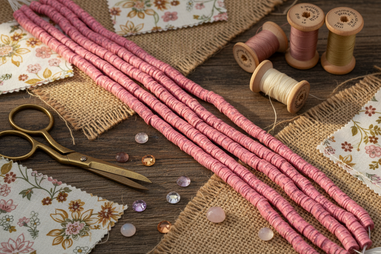 Several strands of red polymer clay disc beads arranged diagonally on a rustic wooden surface with burlap, floral fabric, embroidery scissors, thread spools, and small rhinestones.