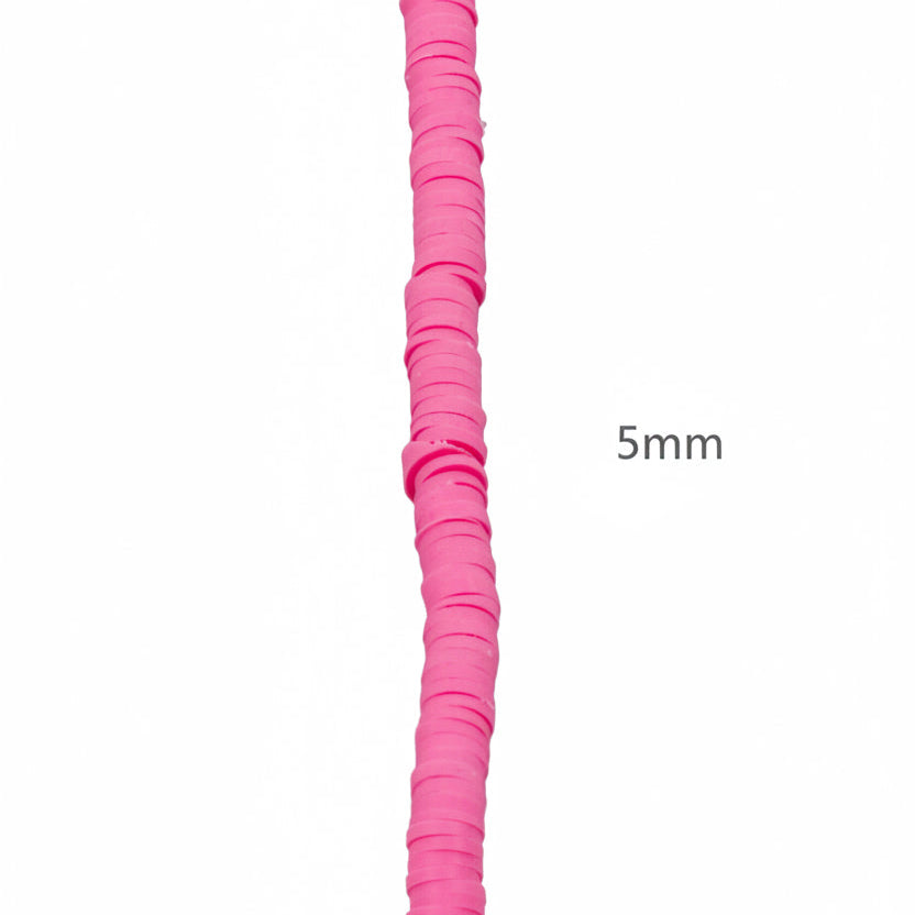 A single straw of pink polymer clay disc beads shown vertically against a plain white background. with a 5mm text to indicate size