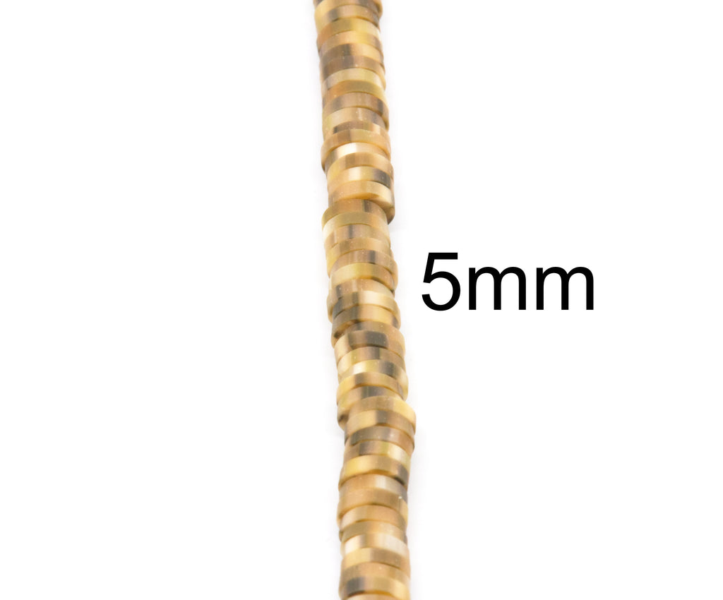 A close-up vertical view of a strand of brown polymer clay beads, with black text reading '5mm' indicating size on a plain white background.
