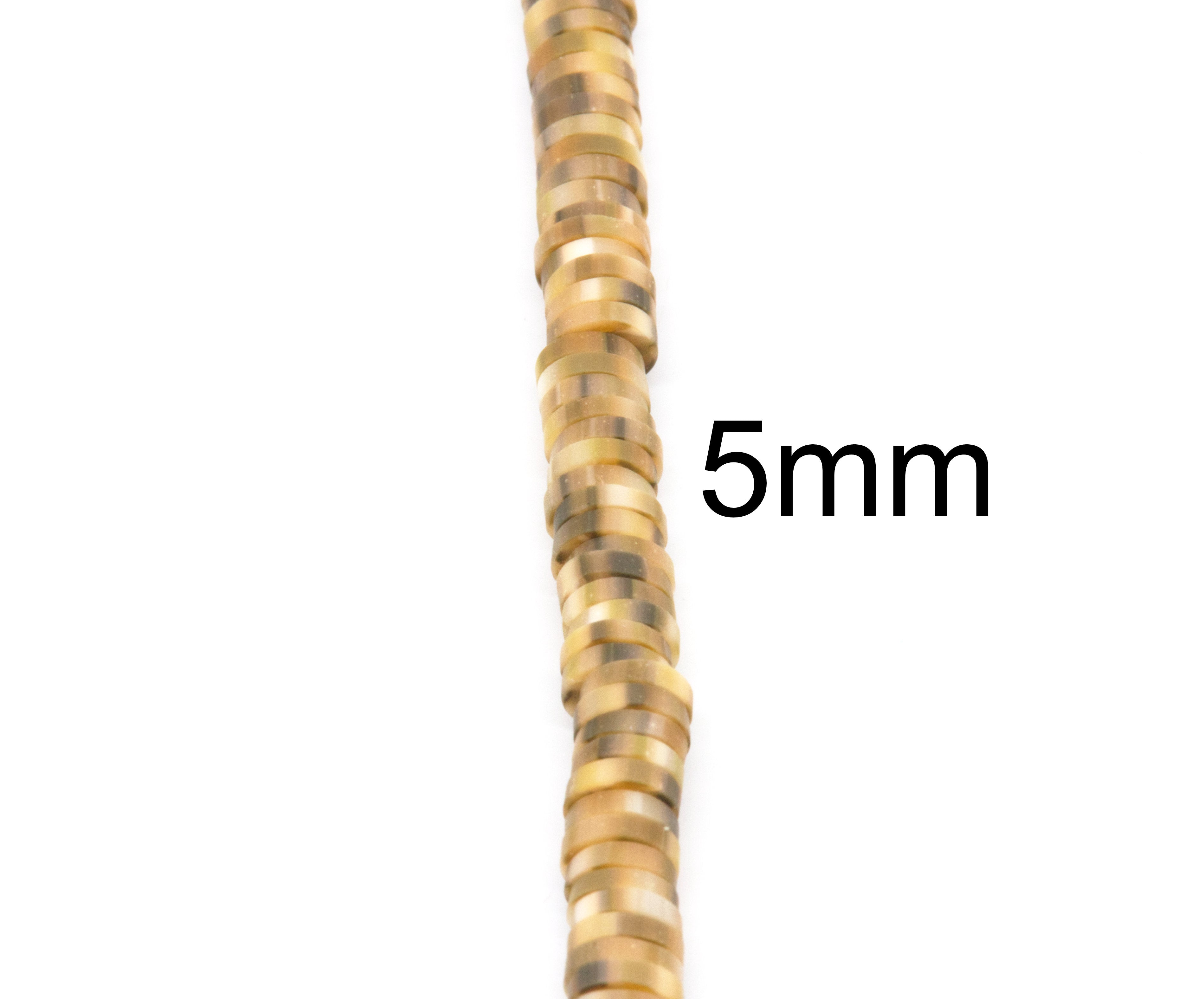 A close-up vertical view of a strand of brown polymer clay beads, with black text reading '5mm' indicating size on a plain white background.