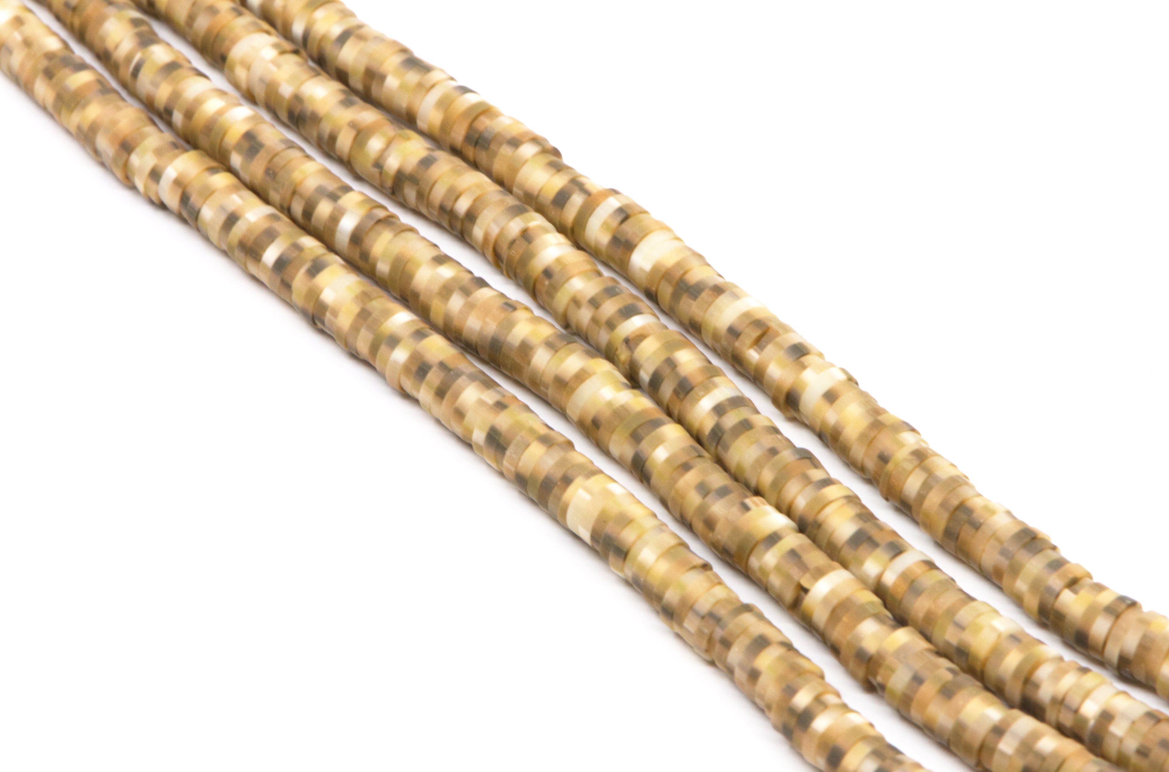 Multiples strands of polymer clay beads a brown pattern in shades of tan, beige, and brown, photographed on a clean white background.