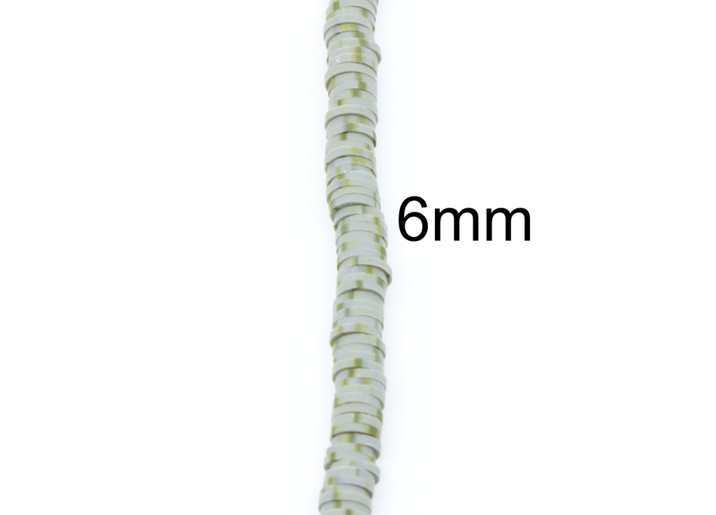 a single strand of gray and green speckled polymer clay disc beads displayed vertically, with the text '6mm' printed in black to indicate the bead size, on a plain white background.