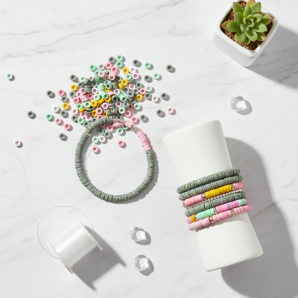 A styled flat-lay of handmade beaded bracelets on a white marble surface. The set includes a single gray beaded bracelet, a white cylindrical display holder wrapped with multiple pastel-colored beaded bracelets (pink, mint green, yellow, and gray), a spool of white thread, scattered loose beads, and a small potted succulent.