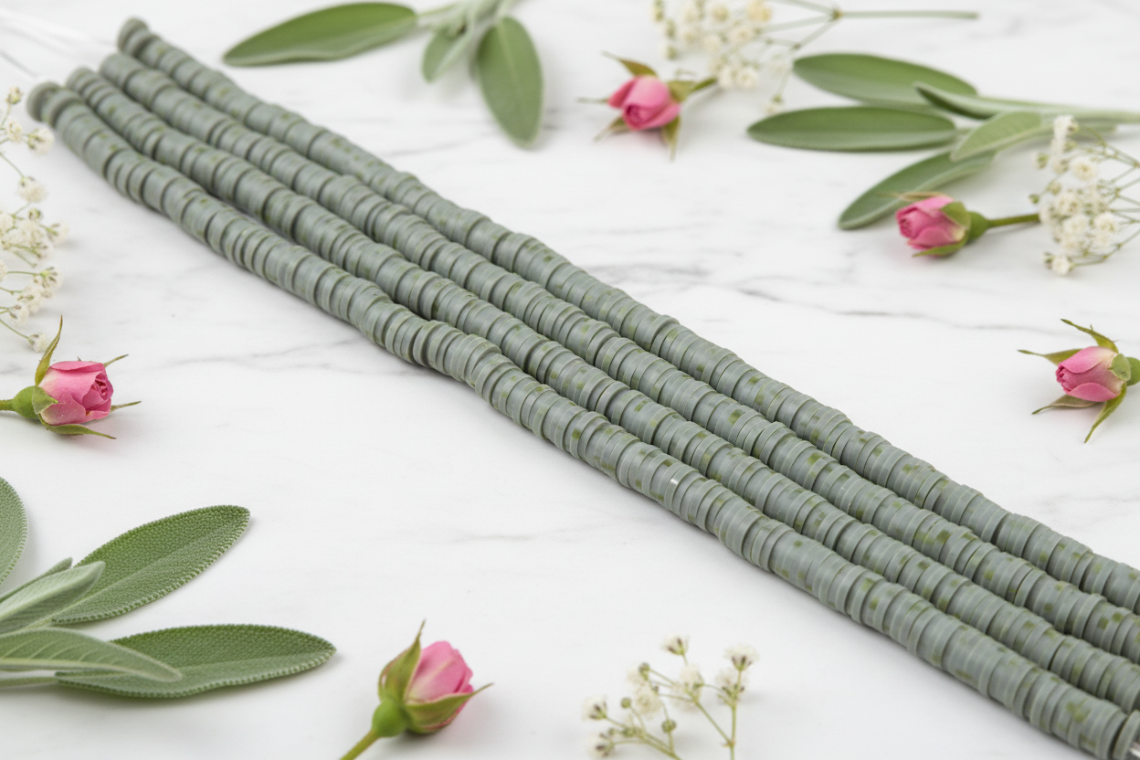 four strands of gray and green speckled polymer clay disc beads arranged diagonally on a white marble surface, styled with green leaves and pink rose buds.