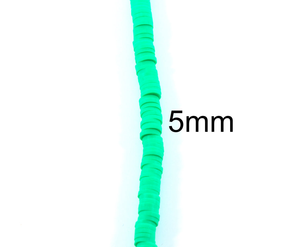 a single strand of green polymer clay beads shown vertically on a white background, with the text '5mm' overlaid to indicate its diameter.