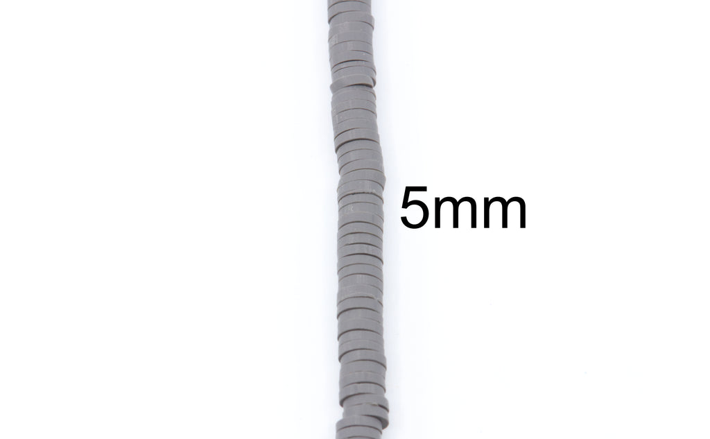 A single strand of gray polymer clay beads shown vertically on a white background, with the text '5mm' printed beside it to indicate the diameter.