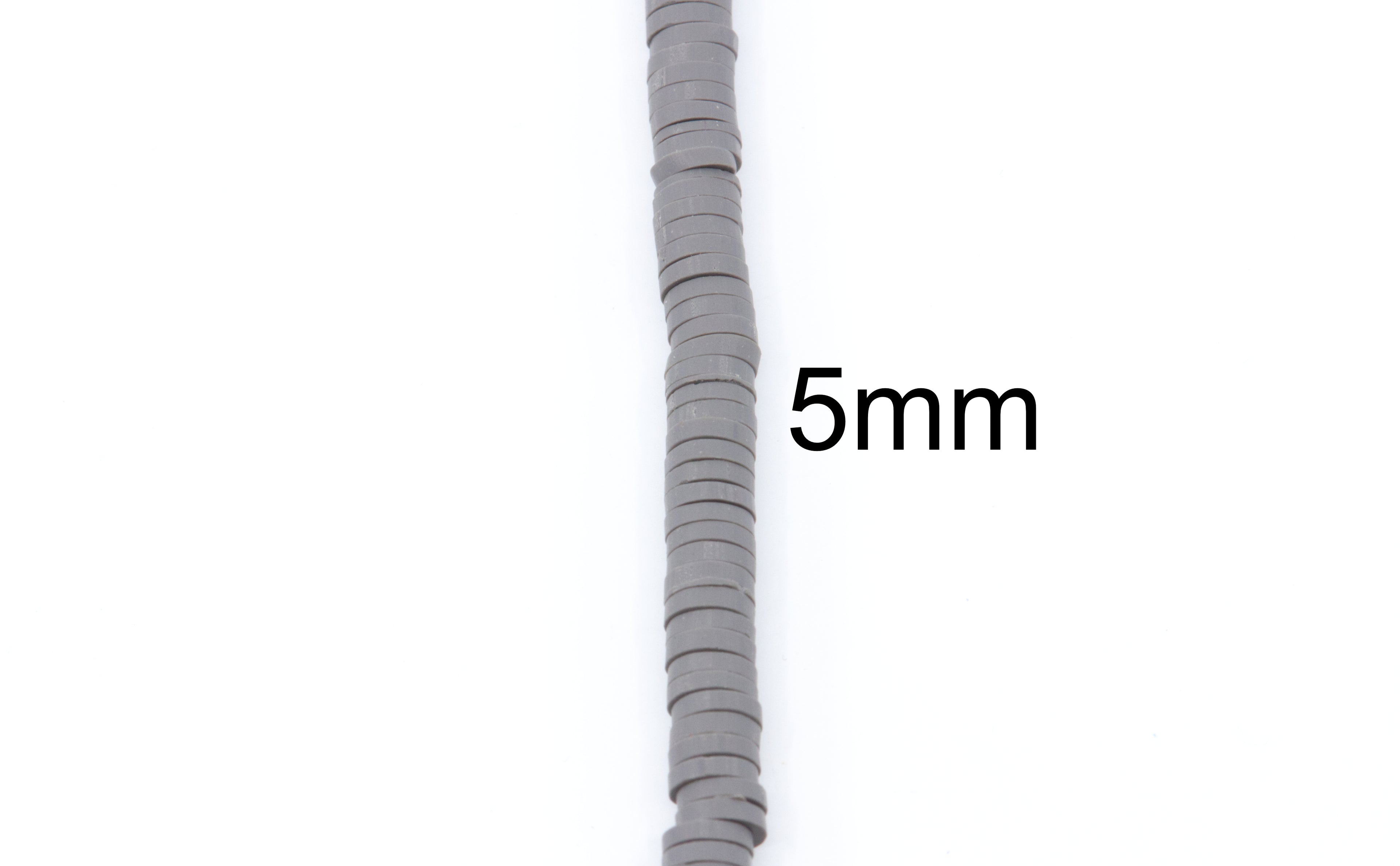 A single strand of gray polymer clay beads shown vertically on a white background, with the text '5mm' printed beside it to indicate the diameter.