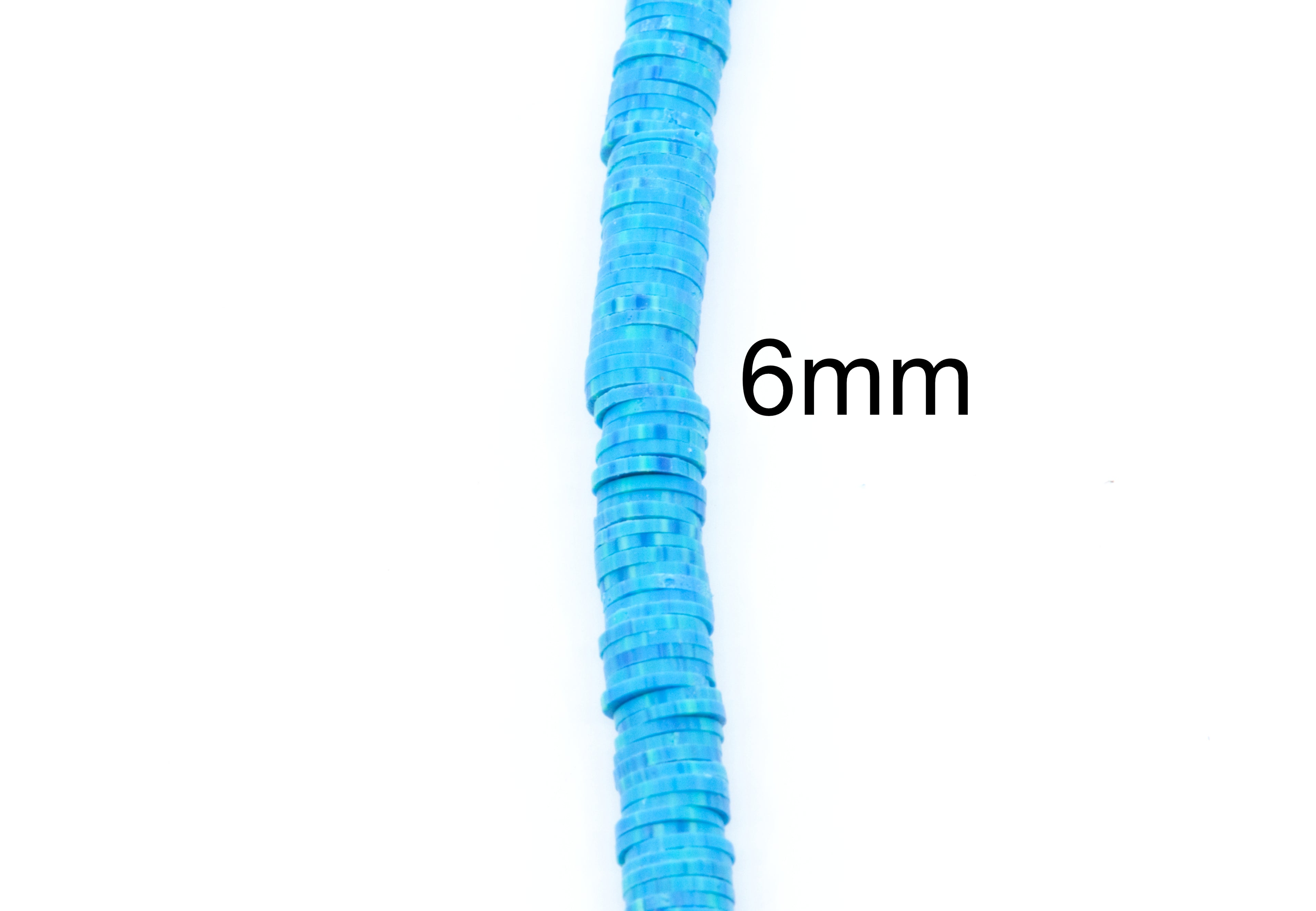 A single strand of blue and green polymer clay disc beads, shown vertically on a plain white background with a '6mm' size label.
