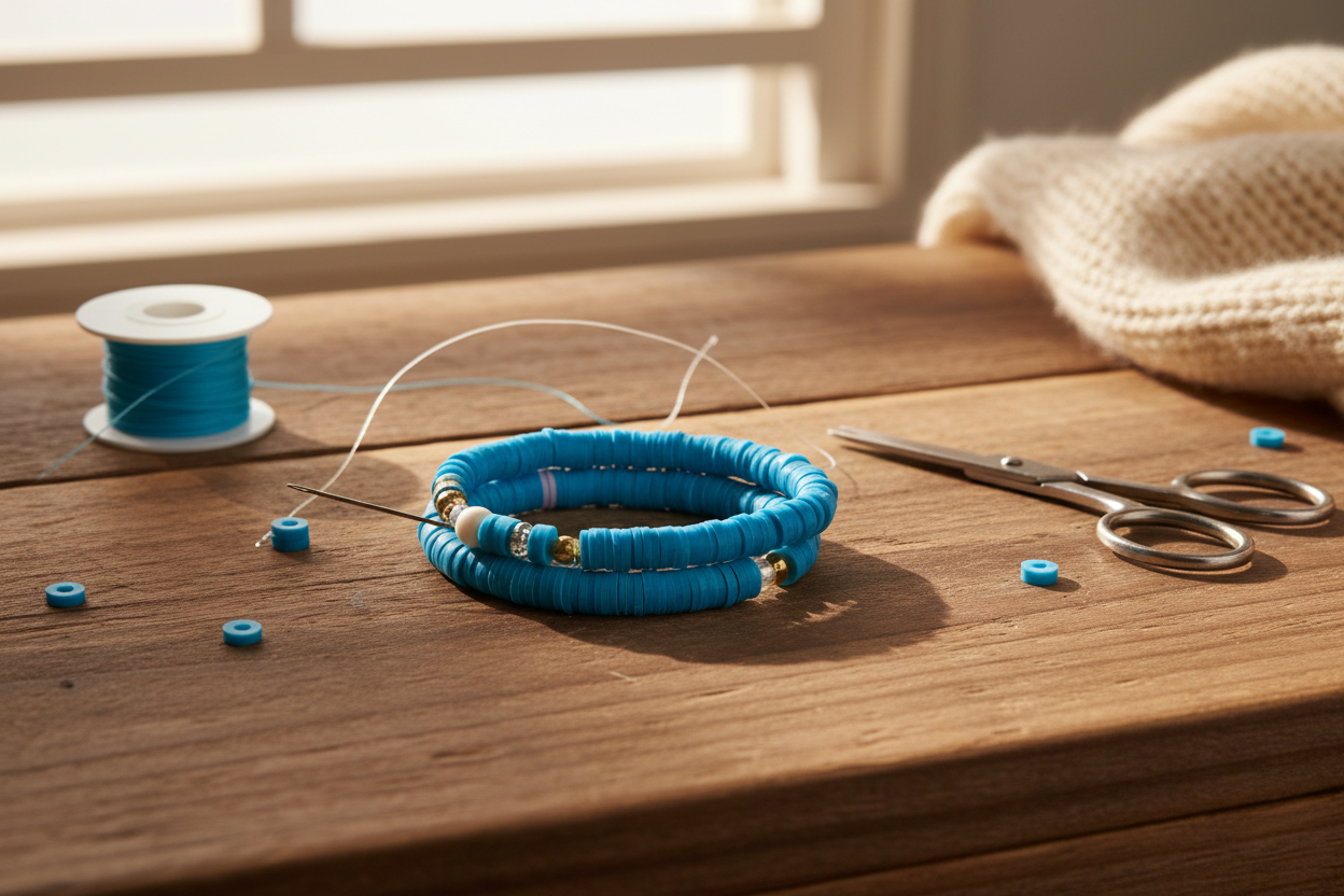 A handmade beaded bracelet in b blue sits on a rustic wooden table, surrounded by crafting tools including a spool of blue thread, loose beads, scissors, and a cream-colored knit fabric in the background.