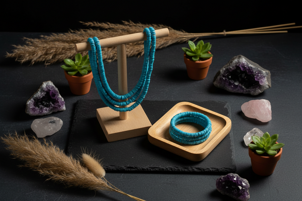 blue polymer clay jewelry displayed on a wooden stand and tray, arranged on a dark tabletop with small succulent pots, crystals, and dried grass as styled props.