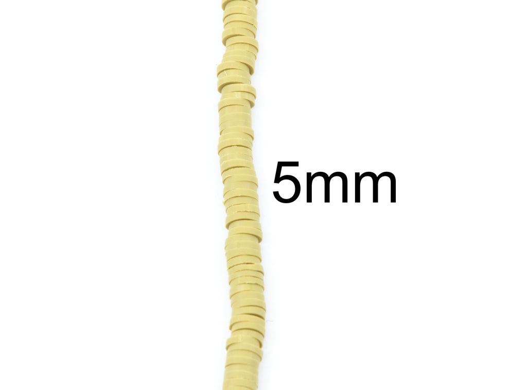 A close-up of a single strand of tuscan green polymer clay disc beads with the text '5mm' printed beside it to indicate size on a plain white background.