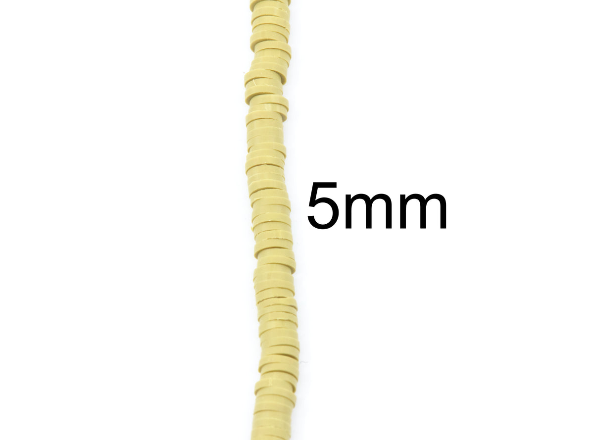 A close-up of a single strand of tuscan green polymer clay disc beads with the text '5mm' printed beside it to indicate size on a plain white background.