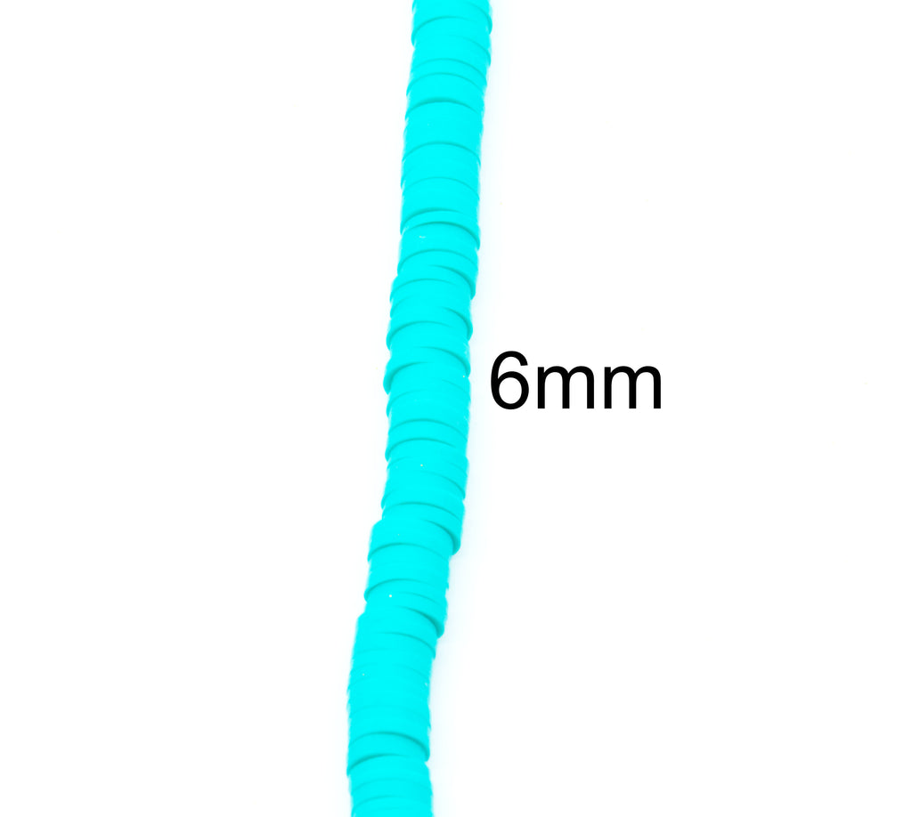 A close-up of a strand of aqua blue polymer clay disc beads shown vertically on a white background, with the text '6mm' printed beside it to indicate the bead size. 