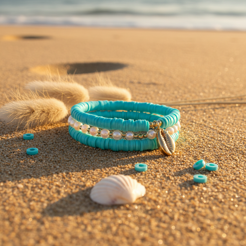 A set of aqua blue and white beaded bracelets with a cowrie shell charm, styled on a sandy beach with seashells and dune grass.