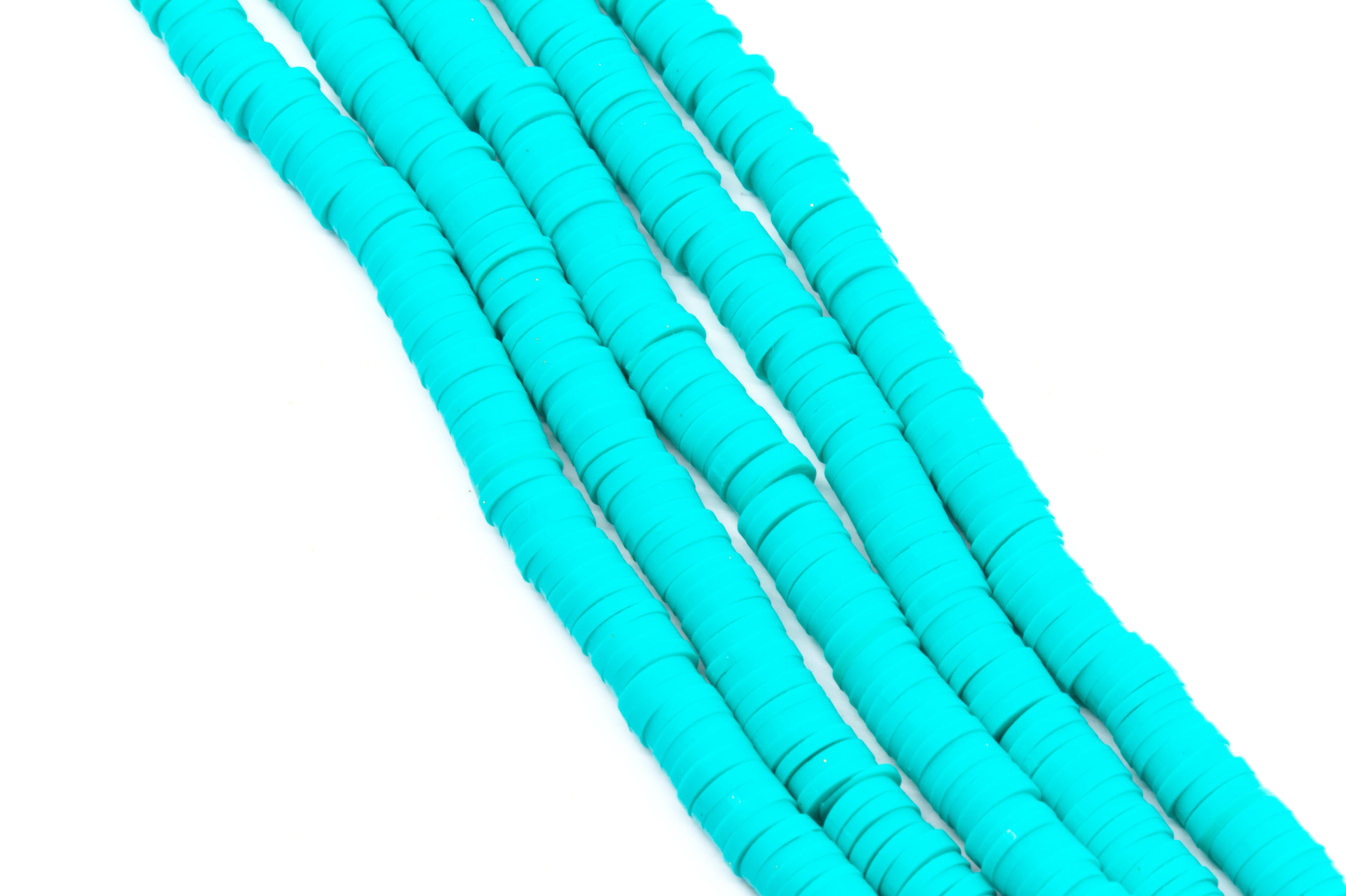 aqua blue polymer clay disc bead strands arranged diagonally on a plain white background.