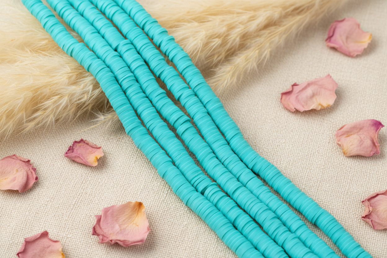 aqua blue polymer clay bead strands arranged diagonally on a beige fabric background with pink rose petals and a beige faux fur accent.